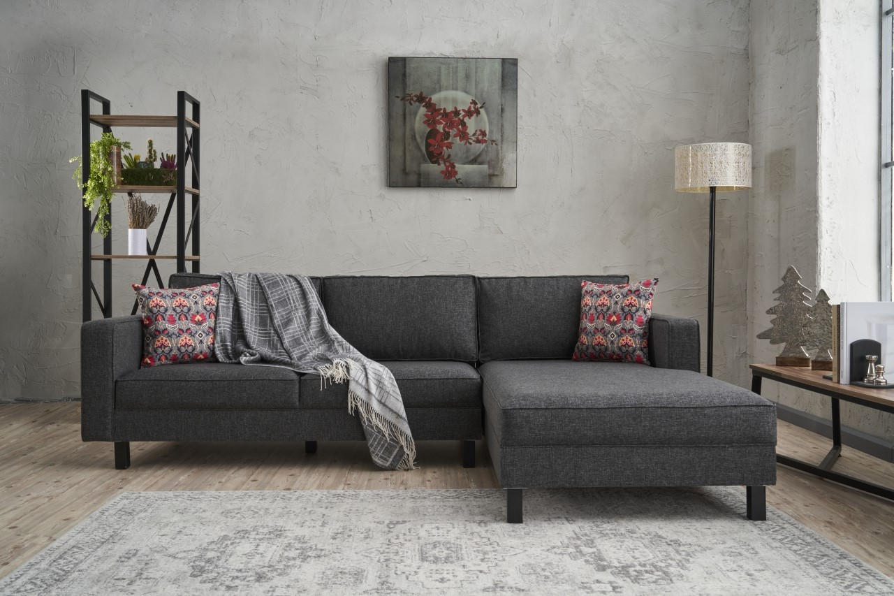 Sofá de Canto Moderno, Antracite, 258 x 181 x 83 cm | Estrutura em Madeira de Faia, 100% Poliéster/Linho, Espuma 28 DNS, Elegante e Confortável para Espaços de Convivência