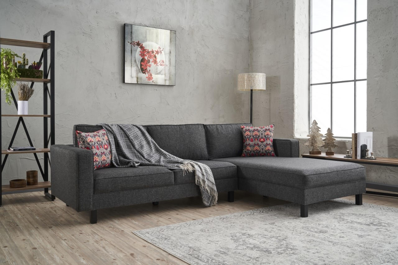 Sofá de Canto Moderno, Antracite, 258 x 181 x 83 cm | Estrutura em Madeira de Faia, 100% Poliéster/Linho, Espuma 28 DNS, Elegante e Confortável para Espaços de Convivência