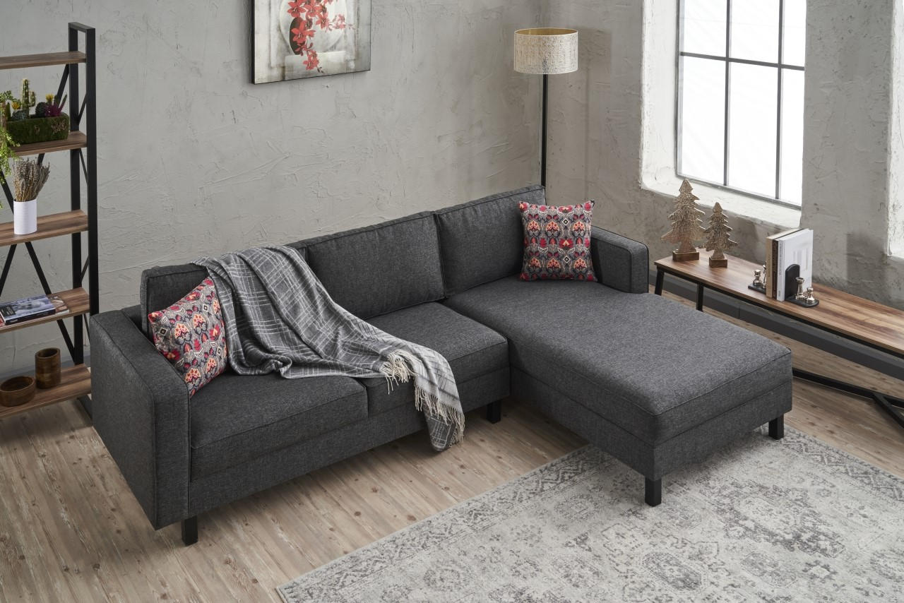 Sofá de Canto Moderno, Antracite, 258 x 181 x 83 cm | Estrutura em Madeira de Faia, 100% Poliéster/Linho, Espuma 28 DNS, Elegante e Confortável para Espaços de Convivência