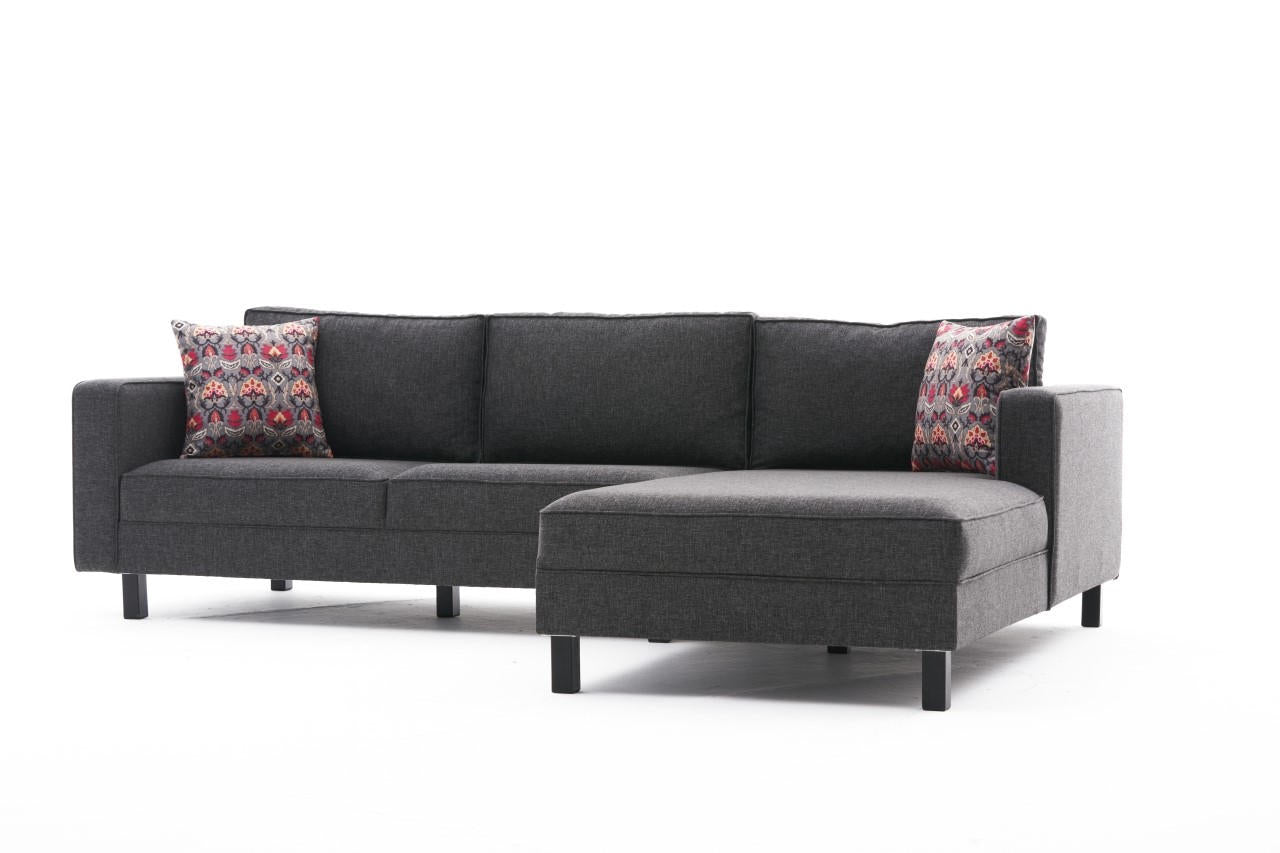 Sofá de Canto Moderno, Antracite, 258 x 181 x 83 cm | Estrutura em Madeira de Faia, 100% Poliéster/Linho, Espuma 28 DNS, Elegante e Confortável para Espaços de Convivência