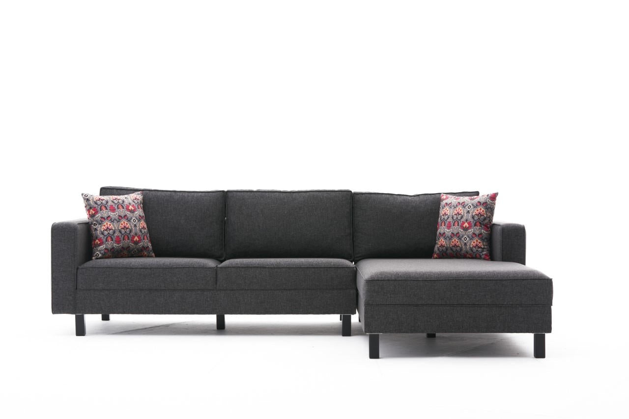 Sofá de Canto Moderno, Antracite, 258 x 181 x 83 cm | Estrutura em Madeira de Faia, 100% Poliéster/Linho, Espuma 28 DNS, Elegante e Confortável para Espaços de Convivência
