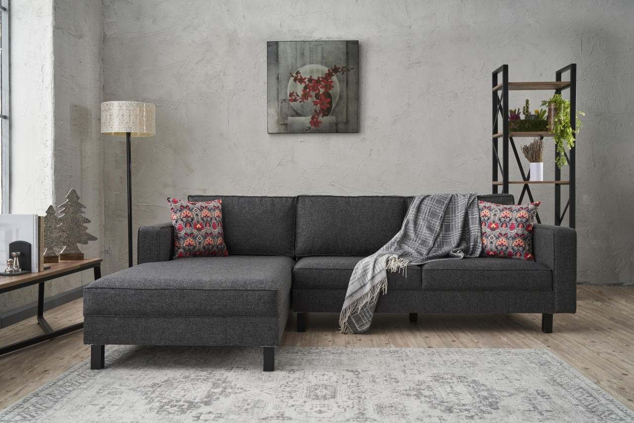 Sofá de Canto Moderno, Antracite, 258 x 181 x 83 cm | Estrutura em Madeira de Faia, 100% Poliéster/Linho, Espuma 28 DNS, Elegante e Confortável para Espaços de Convivência