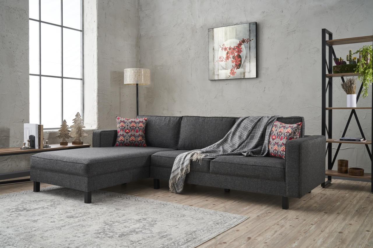 Sofá de Canto Moderno, Antracite, 258 x 181 x 83 cm | Estrutura em Madeira de Faia, 100% Poliéster/Linho, Espuma 28 DNS, Elegante e Confortável para Espaços de Convivência
