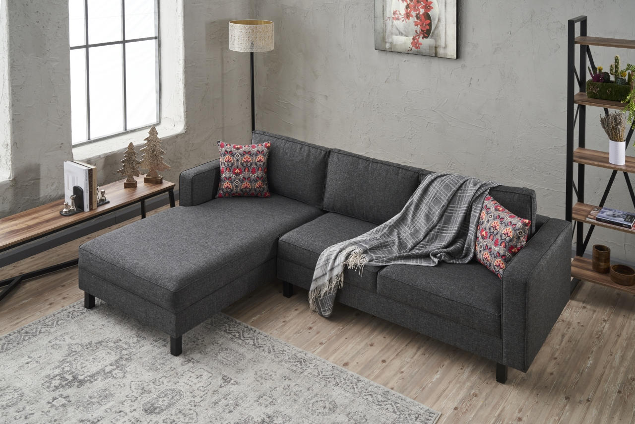 Sofá de Canto Moderno, Antracite, 258 x 181 x 83 cm | Estrutura em Madeira de Faia, 100% Poliéster/Linho, Espuma 28 DNS, Elegante e Confortável para Espaços de Convivência