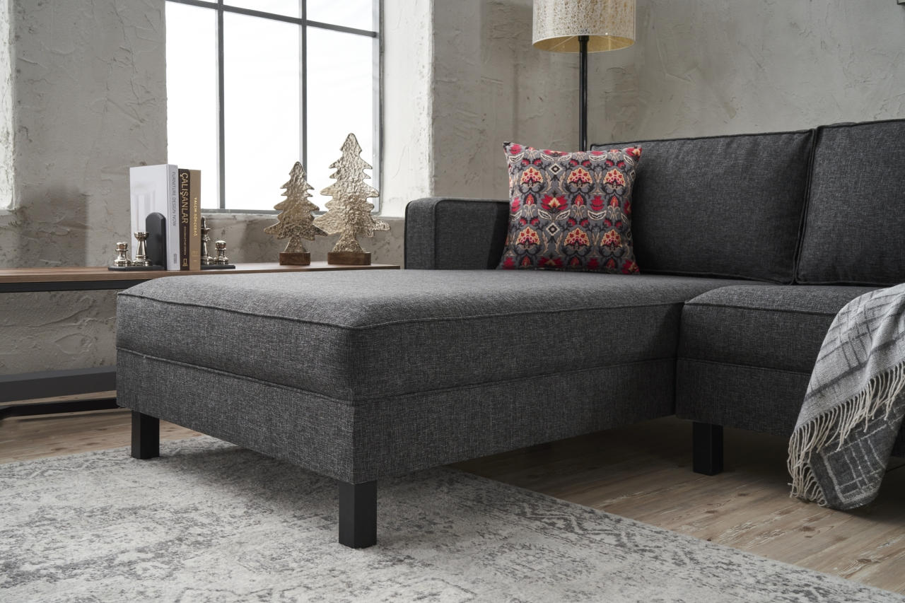 Sofá de Canto Moderno, Antracite, 258 x 181 x 83 cm | Estrutura em Madeira de Faia, 100% Poliéster/Linho, Espuma 28 DNS, Elegante e Confortável para Espaços de Convivência
