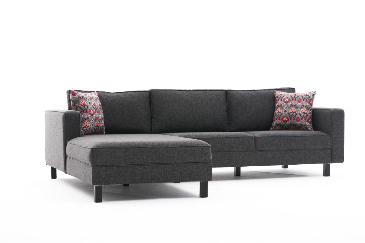 Sofá de Canto Moderno, Antracite, 258 x 181 x 83 cm | Estrutura em Madeira de Faia, 100% Poliéster/Linho, Espuma 28 DNS, Elegante e Confortável para Espaços de Convivência