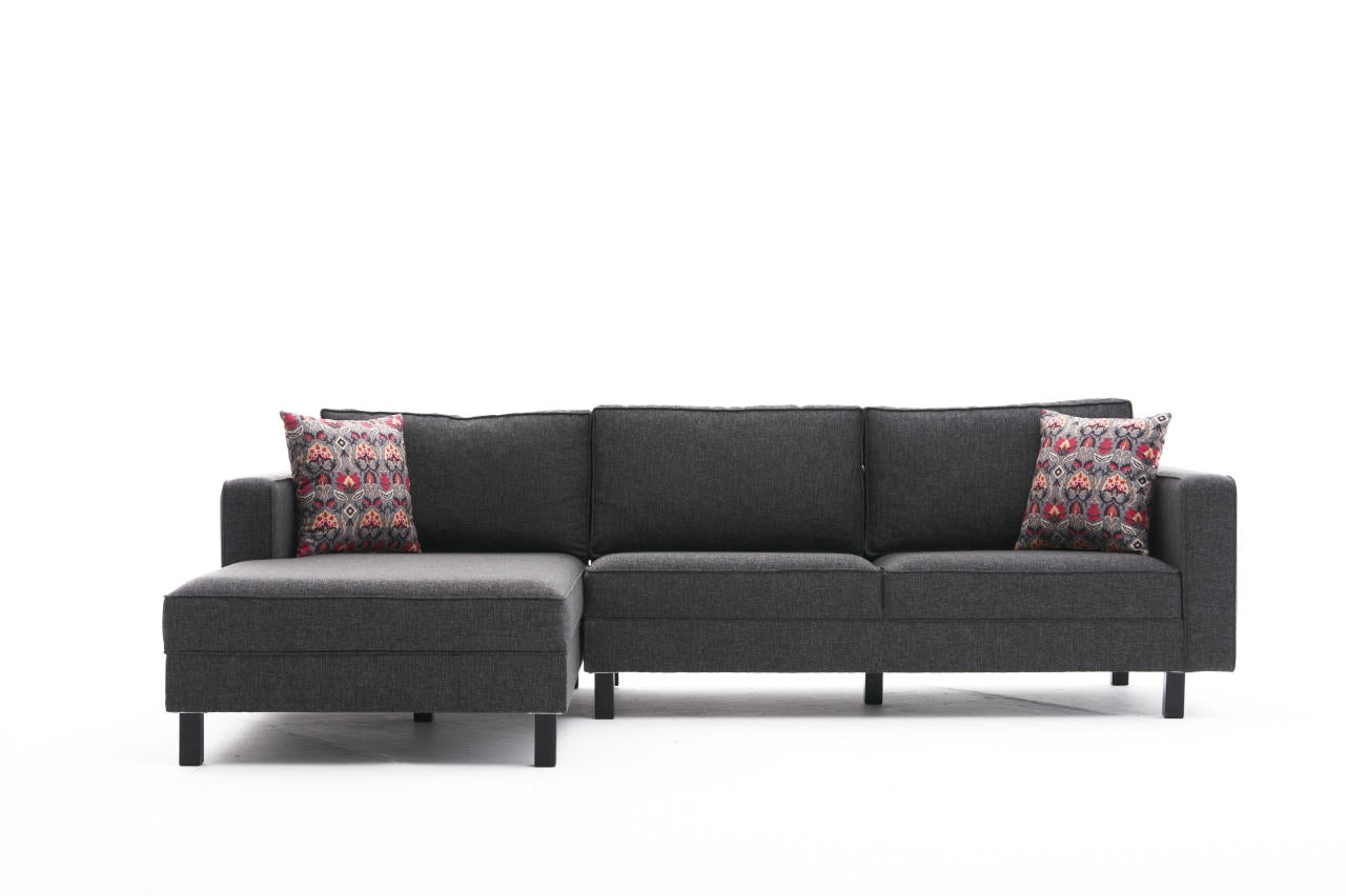 Sofá de Canto Moderno, Antracite, 258 x 181 x 83 cm | Estrutura em Madeira de Faia, 100% Poliéster/Linho, Espuma 28 DNS, Elegante e Confortável para Espaços de Convivência