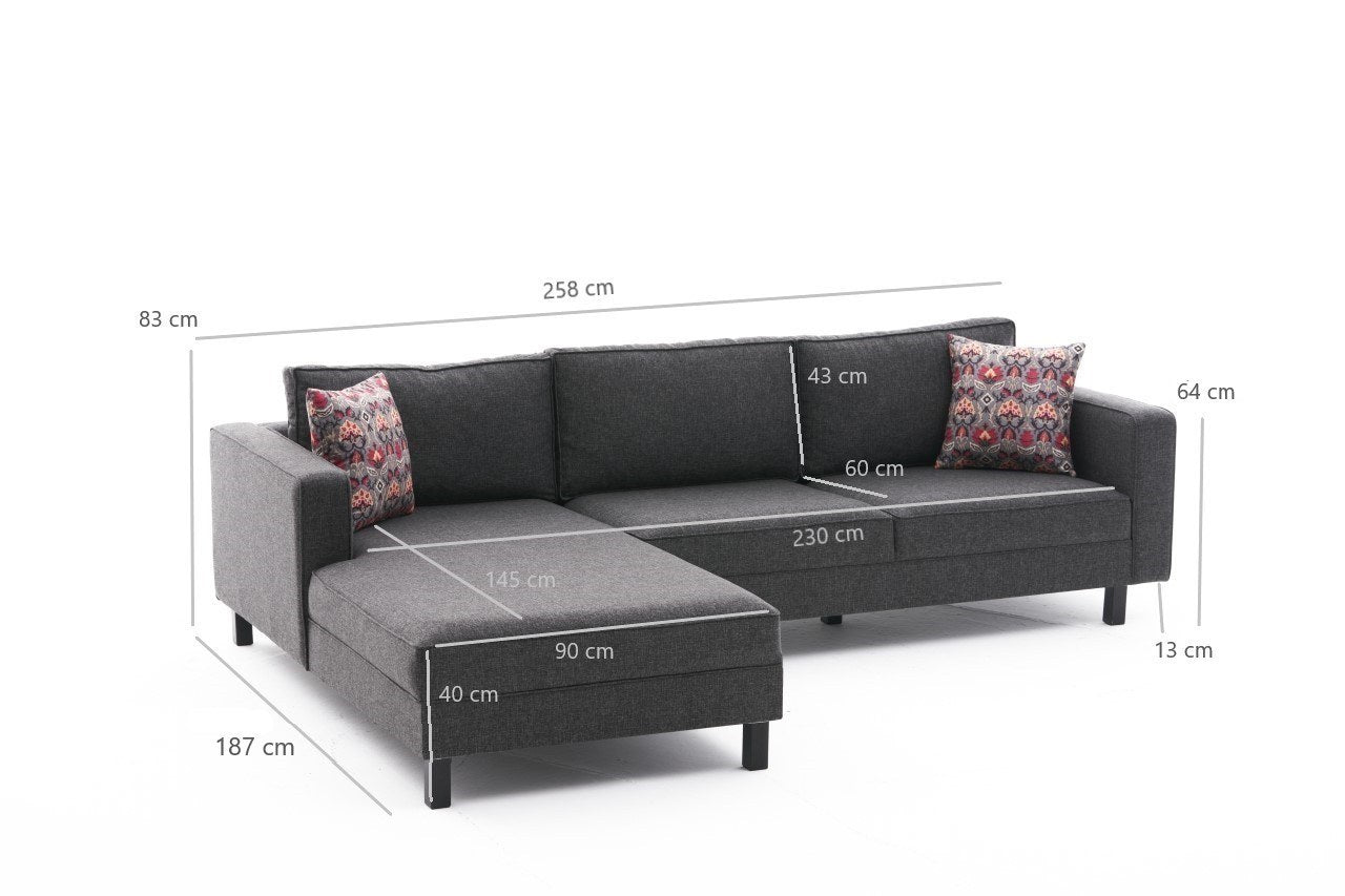Sofá de Canto Moderno, Antracite, 258 x 181 x 83 cm | Estrutura em Madeira de Faia, 100% Poliéster/Linho, Espuma 28 DNS, Elegante e Confortável para Espaços de Convivência