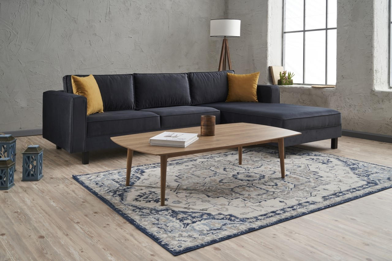 Sofá de canto elegante, antracite, 258 x 181 x 83 cm | Estrutura em madeira de faia, veludo 100% poliéster, espuma 28 DNS, design escandinavo moderno
