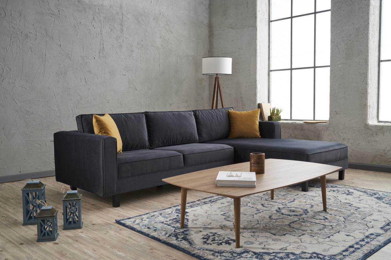 Sofá de canto elegante, antracite, 258 x 181 x 83 cm | Estrutura em madeira de faia, veludo 100% poliéster, espuma 28 DNS, design escandinavo moderno