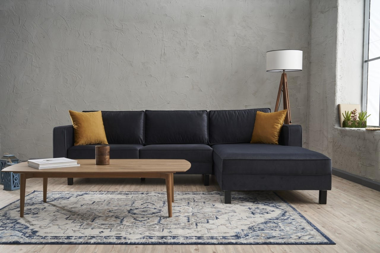 Sofá de canto elegante, antracite, 258 x 181 x 83 cm | Estrutura em madeira de faia, veludo 100% poliéster, espuma 28 DNS, design escandinavo moderno