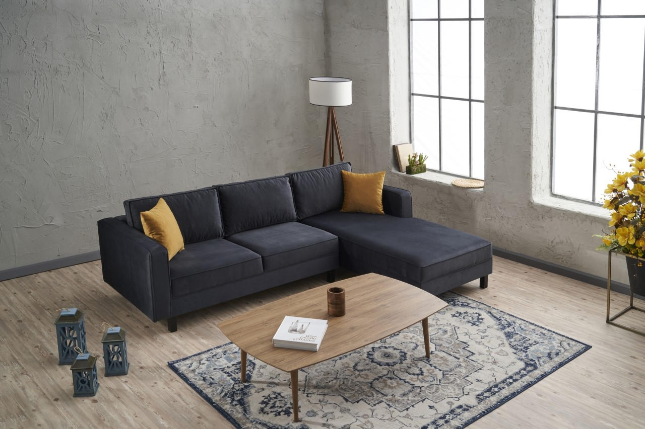 Sofá de canto elegante, antracite, 258 x 181 x 83 cm | Estrutura em madeira de faia, veludo 100% poliéster, espuma 28 DNS, design escandinavo moderno