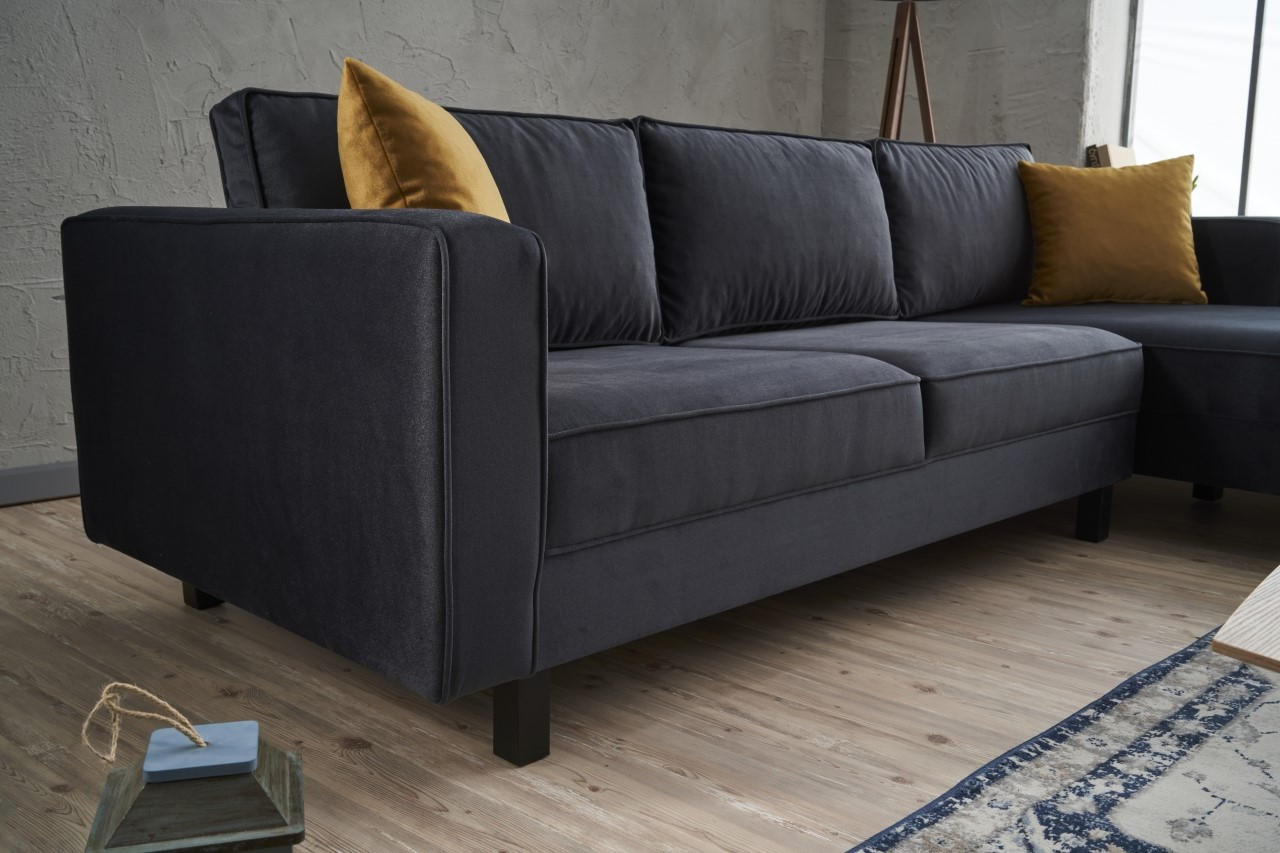 Sofá de canto elegante, antracite, 258 x 181 x 83 cm | Estrutura em madeira de faia, veludo 100% poliéster, espuma 28 DNS, design escandinavo moderno