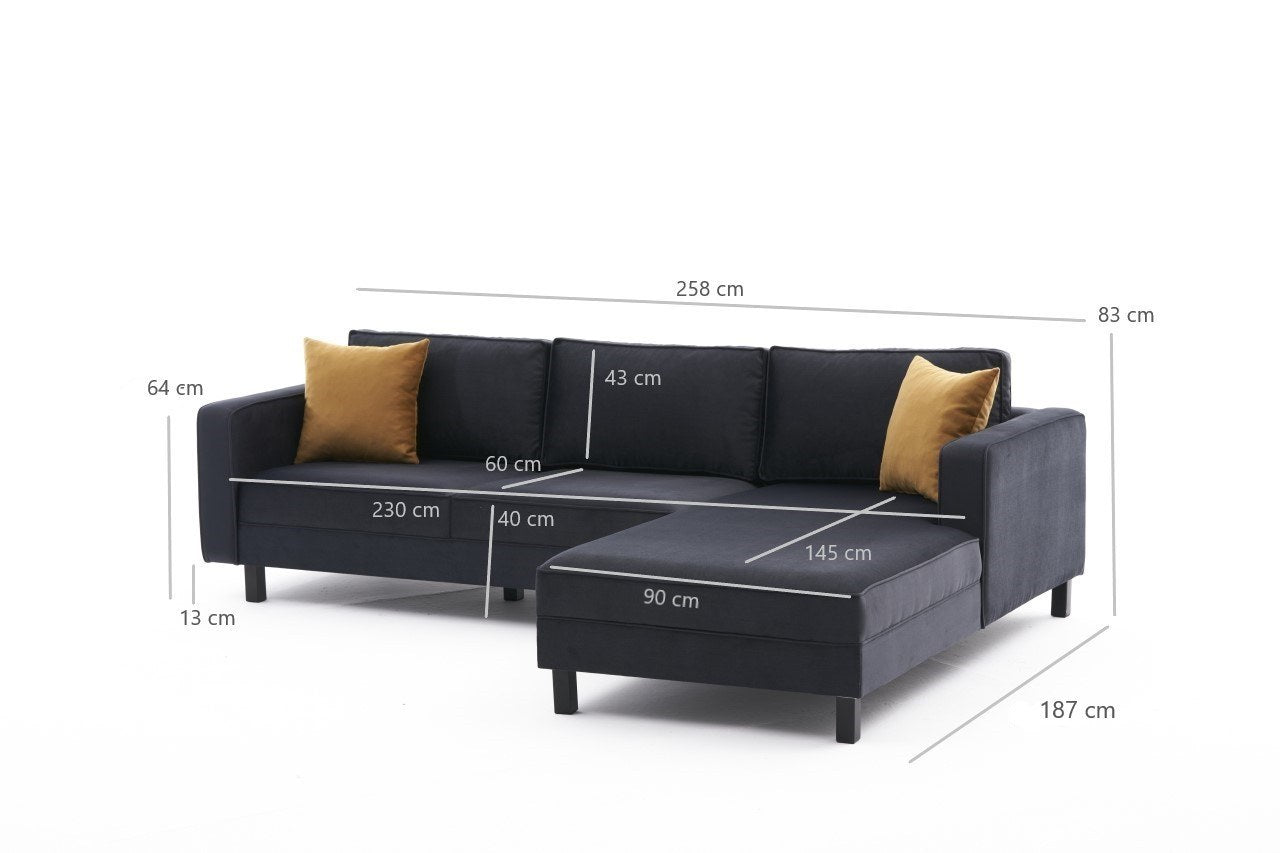 Sofá de canto elegante, antracite, 258 x 181 x 83 cm | Estrutura em madeira de faia, veludo 100% poliéster, espuma 28 DNS, design escandinavo moderno