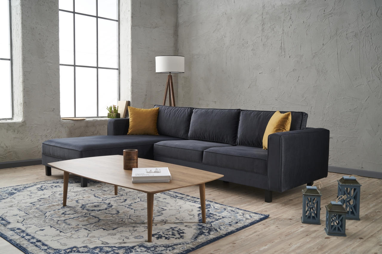 Sofá de canto elegante, antracite, 258 x 181 x 83 cm | Estrutura em madeira de faia, veludo 100% poliéster, espuma 28 DNS, design escandinavo moderno