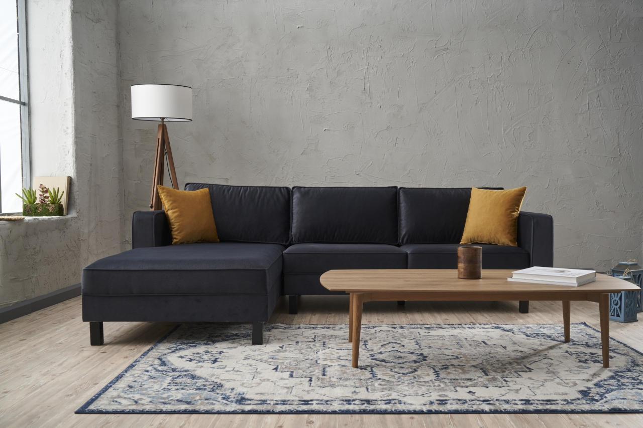 Sofá de canto elegante, antracite, 258 x 181 x 83 cm | Estrutura em madeira de faia, veludo 100% poliéster, espuma 28 DNS, design escandinavo moderno