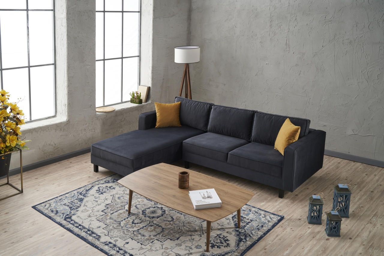Sofá de canto elegante, antracite, 258 x 181 x 83 cm | Estrutura em madeira de faia, veludo 100% poliéster, espuma 28 DNS, design escandinavo moderno