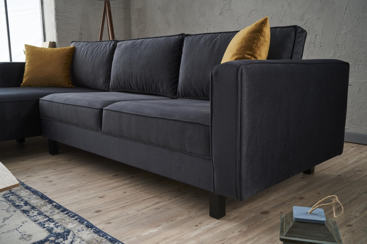 Sofá de canto elegante, antracite, 258 x 181 x 83 cm | Estrutura em madeira de faia, veludo 100% poliéster, espuma 28 DNS, design escandinavo moderno
