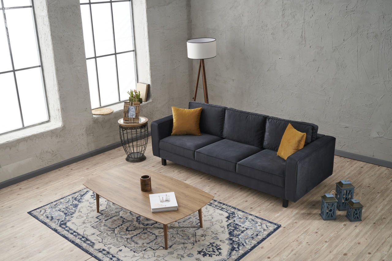 Sofá moderno de 3 lugares, veludo antracite, 222 cm | Estrutura de madeira de faia, espuma 28 DNS, elegante e confortável para residências, hotéis e espaços industriais