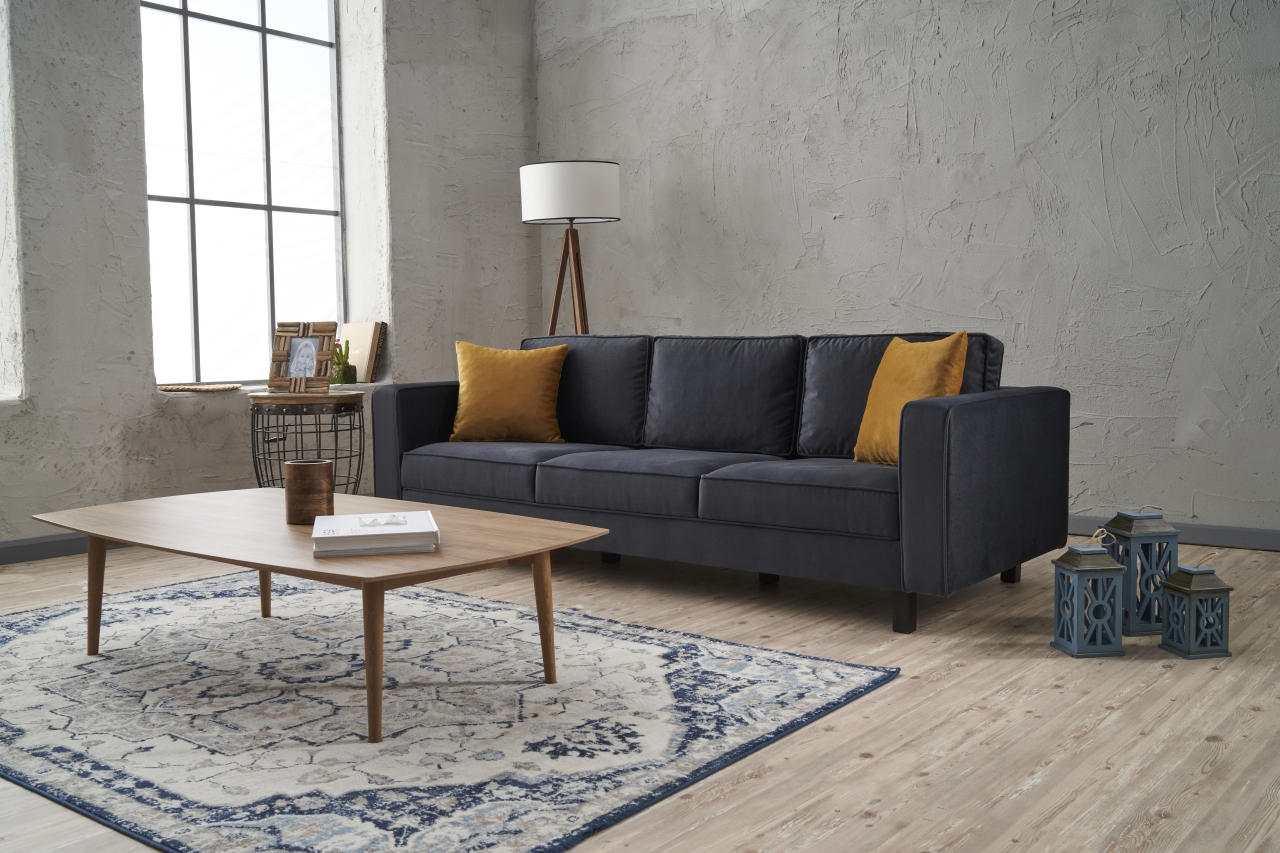 Sofá moderno de 3 lugares, veludo antracite, 222 cm | Estrutura de madeira de faia, espuma 28 DNS, elegante e confortável para residências, hotéis e espaços industriais