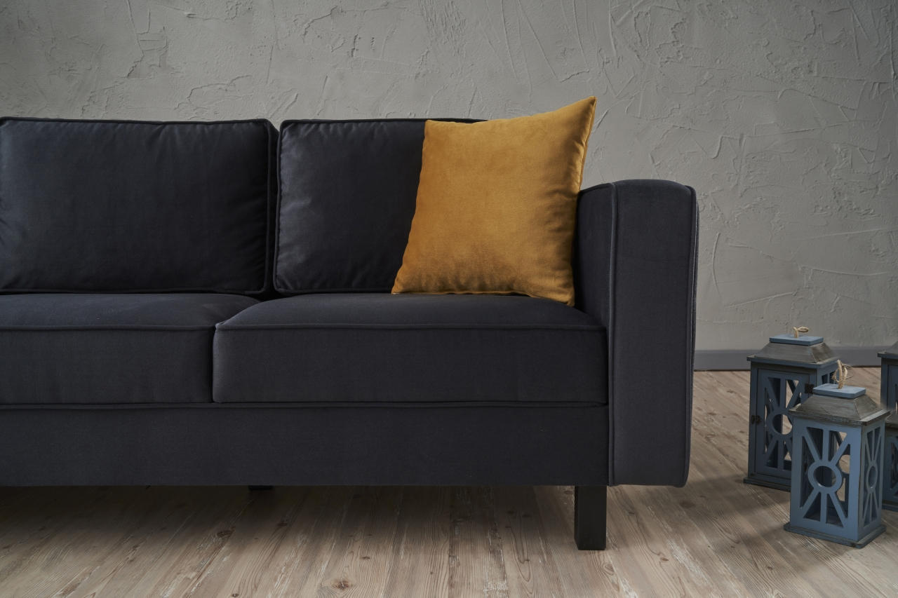 Sofá moderno de 3 lugares, veludo antracite, 222 cm | Estrutura de madeira de faia, espuma 28 DNS, elegante e confortável para residências, hotéis e espaços industriais