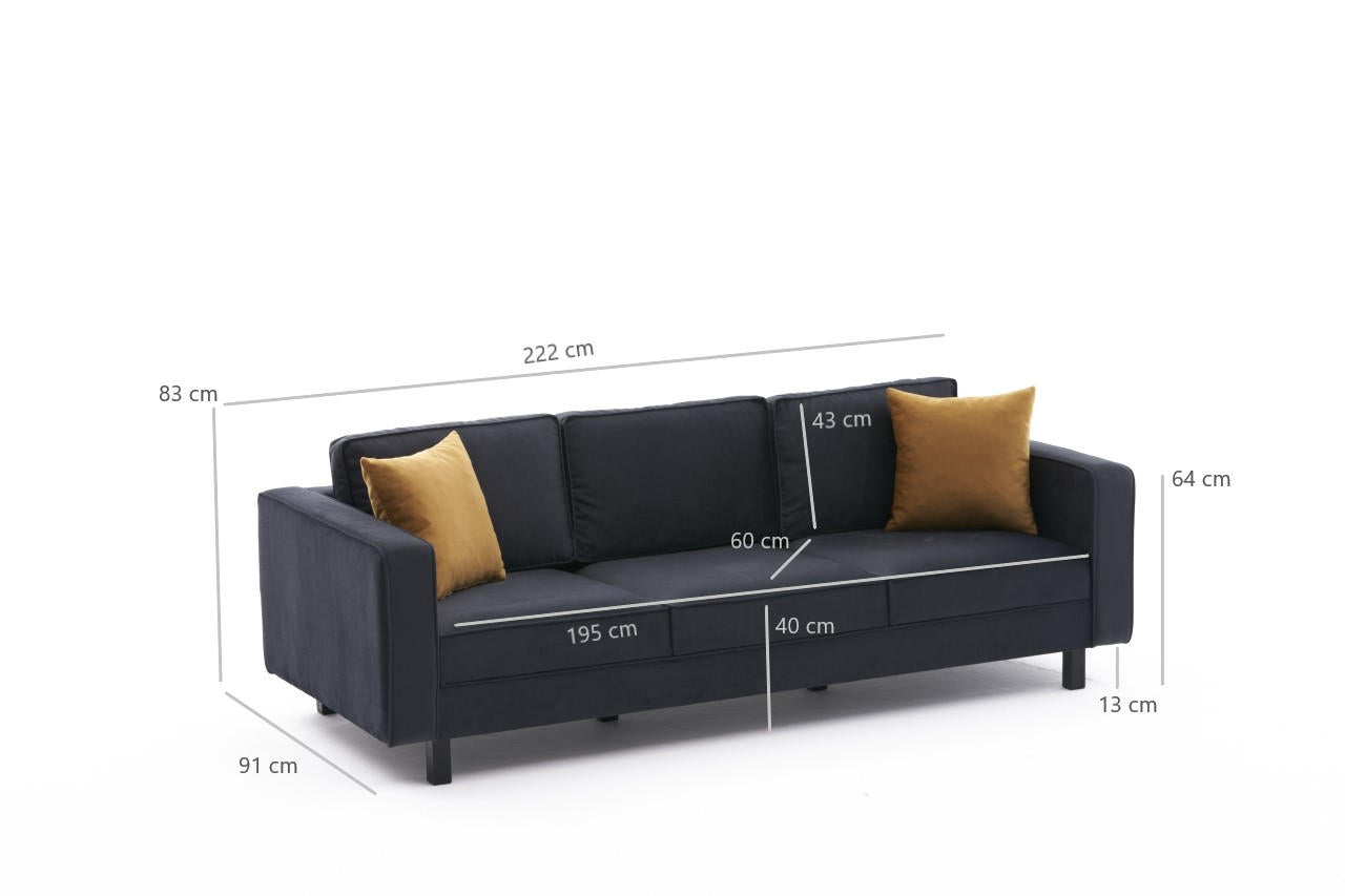 Sofá moderno de 3 lugares, veludo antracite, 222 cm | Estrutura de madeira de faia, espuma 28 DNS, elegante e confortável para residências, hotéis e espaços industriais