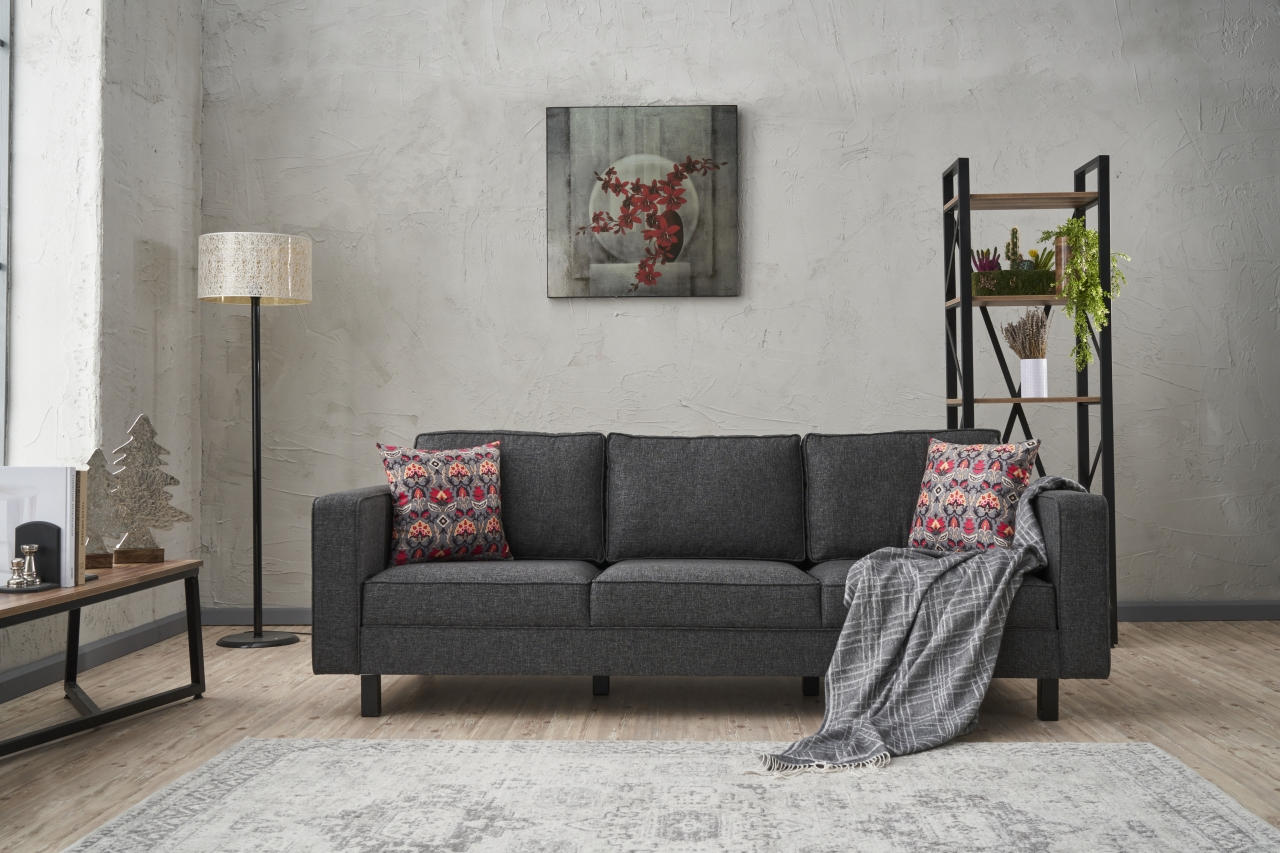 Sofá moderno de 3 lugares, antracite, 222 cm | Estrutura de madeira de faia, 100% poliéster/linho, espuma 28 DNS, elegante e confortável para casa e hotel