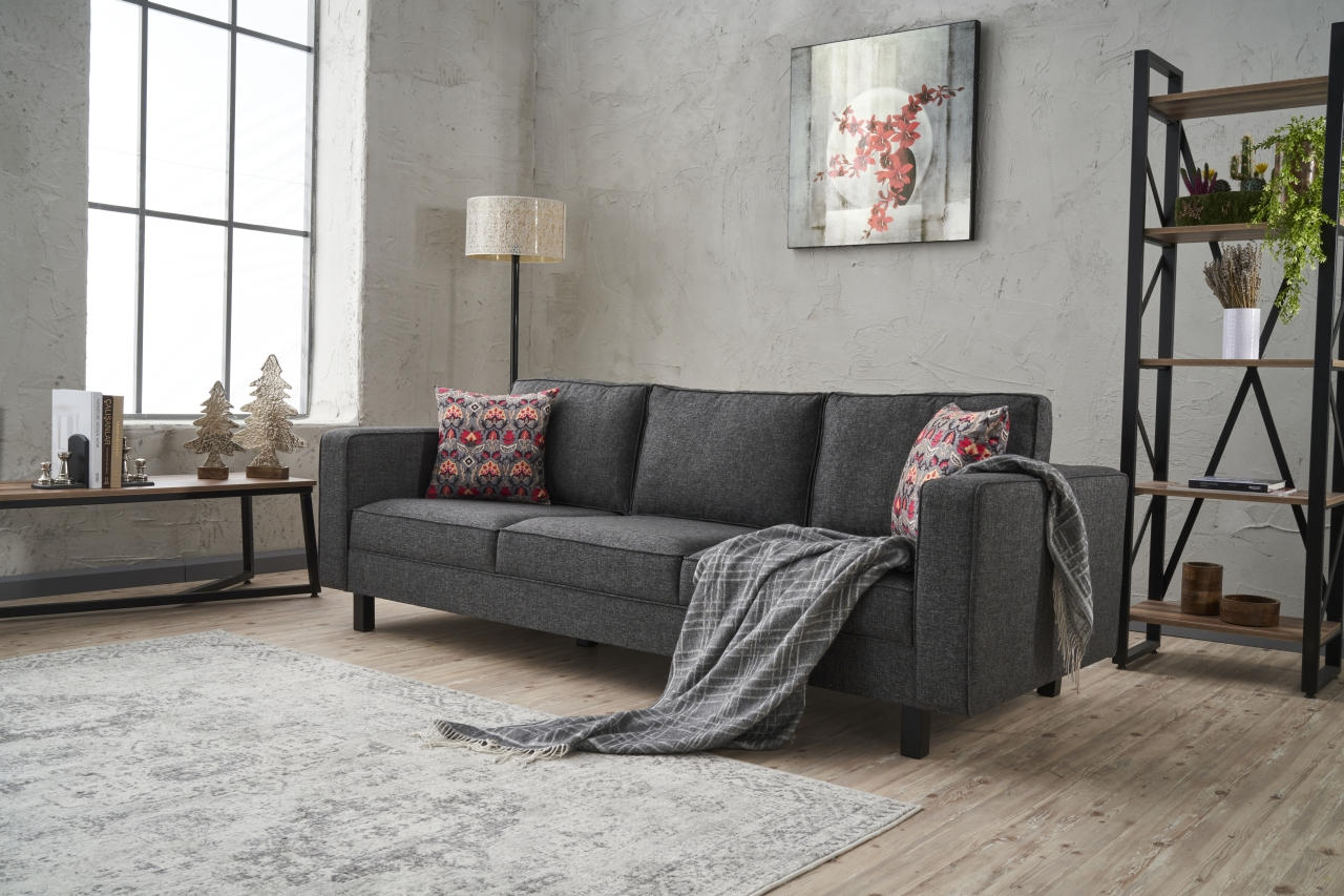 Sofá moderno de 3 lugares, antracite, 222 cm | Estrutura de madeira de faia, 100% poliéster/linho, espuma 28 DNS, elegante e confortável para casa e hotel