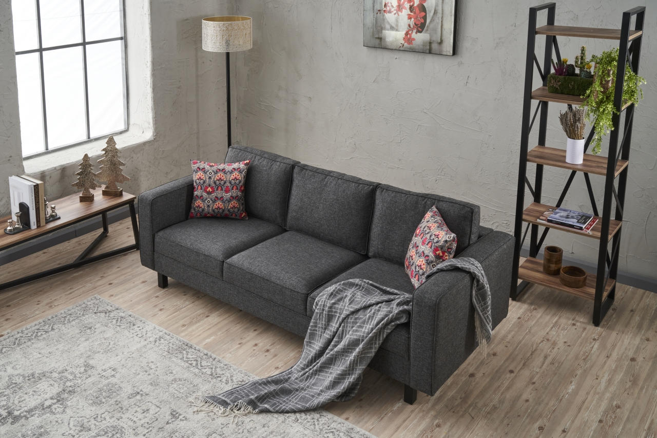Sofá moderno de 3 lugares, antracite, 222 cm | Estrutura de madeira de faia, 100% poliéster/linho, espuma 28 DNS, elegante e confortável para casa e hotel