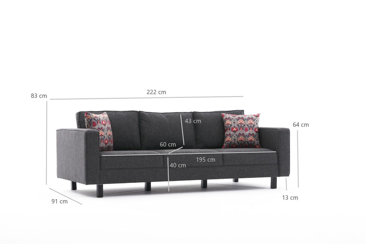 Sofá moderno de 3 lugares, antracite, 222 cm | Estrutura de madeira de faia, 100% poliéster/linho, espuma 28 DNS, elegante e confortável para casa e hotel