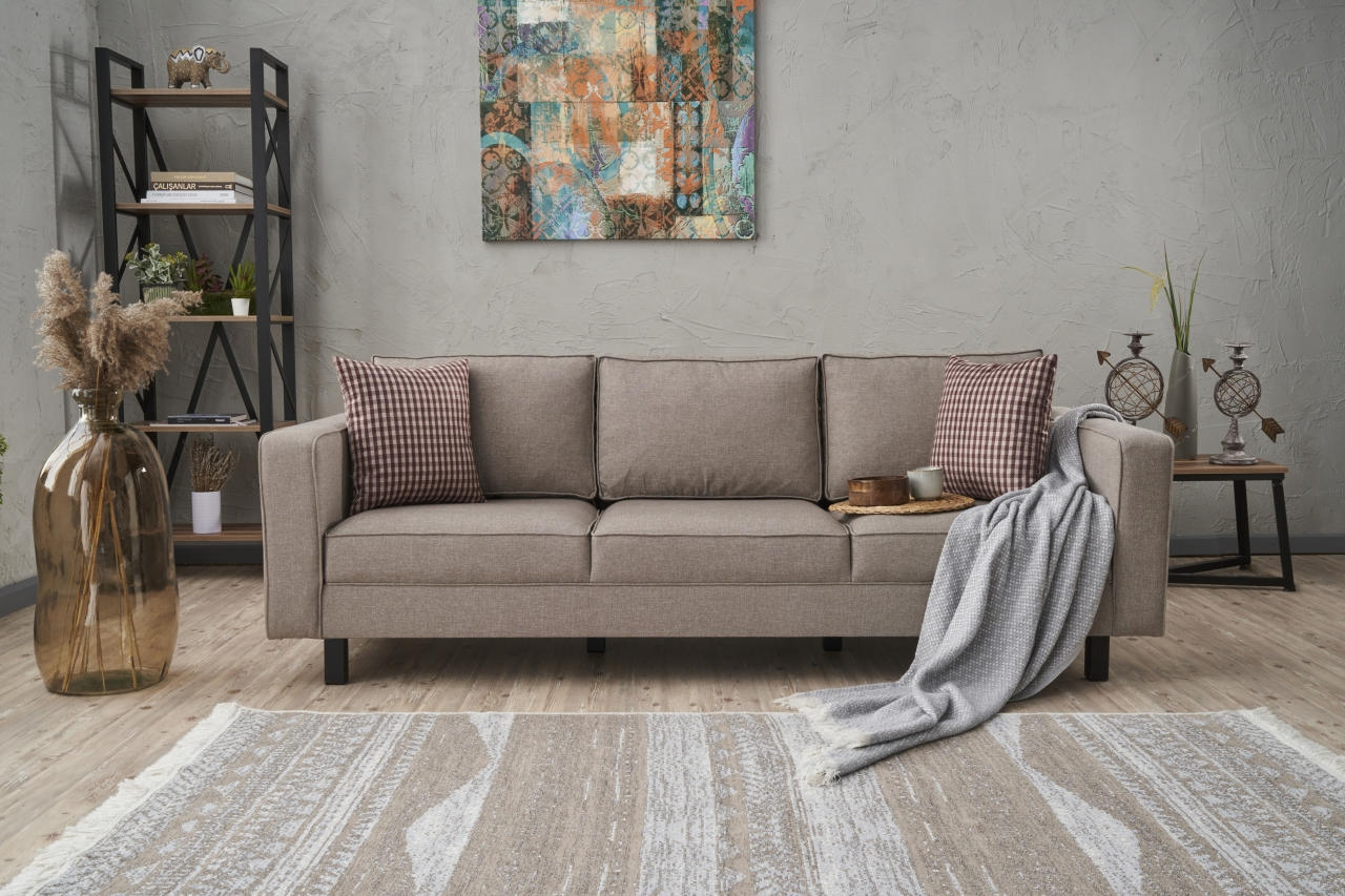 Sofá elegante de 3 lugares, cor creme, estrutura de madeira de faia, 222 x 91 x 83 cm | 100% poliéster/linho, espuma 28 DNS, perfeito para interiores modernos e escandinavos