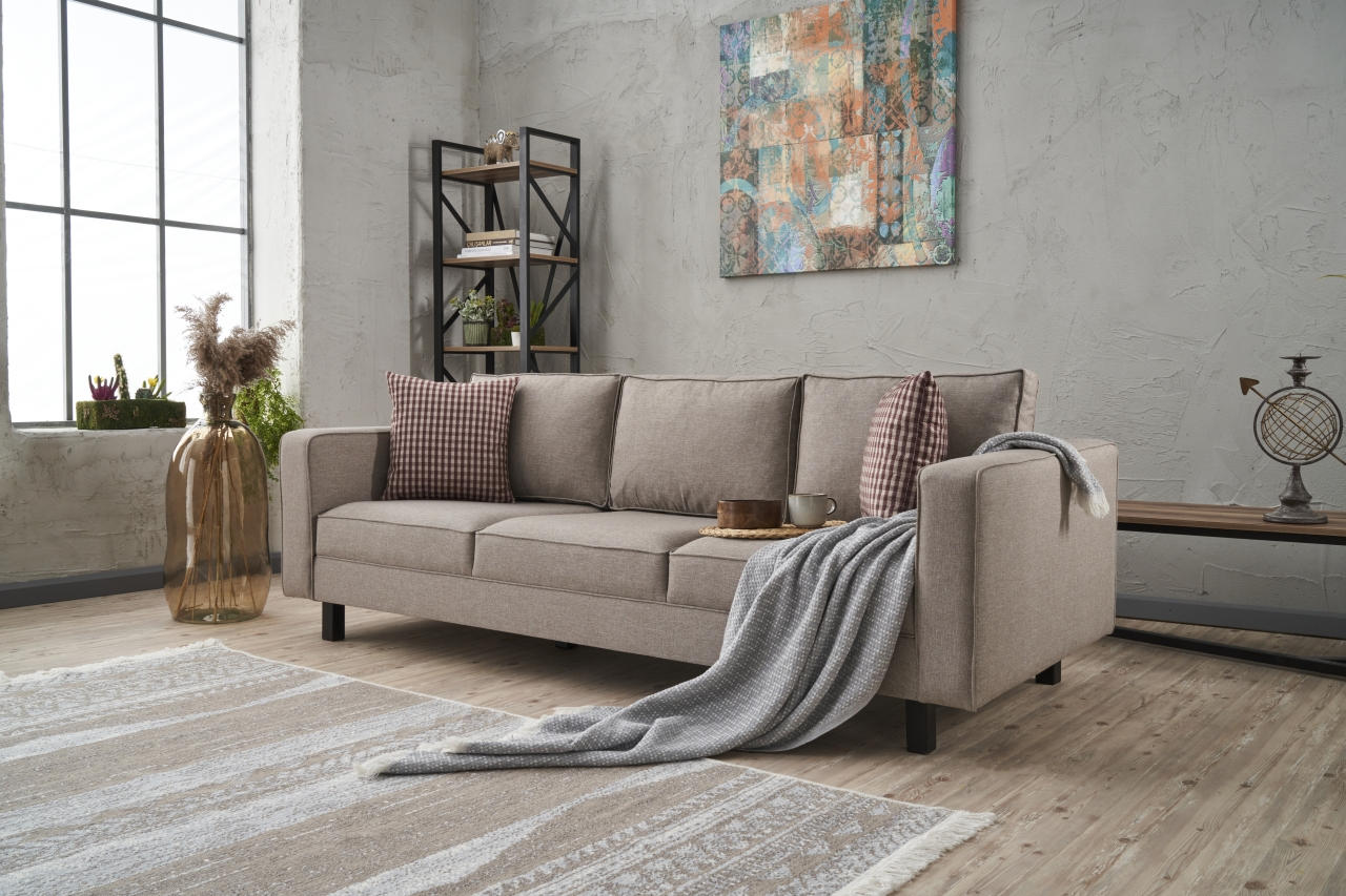 Sofá elegante de 3 lugares, cor creme, estrutura de madeira de faia, 222 x 91 x 83 cm | 100% poliéster/linho, espuma 28 DNS, perfeito para interiores modernos e escandinavos