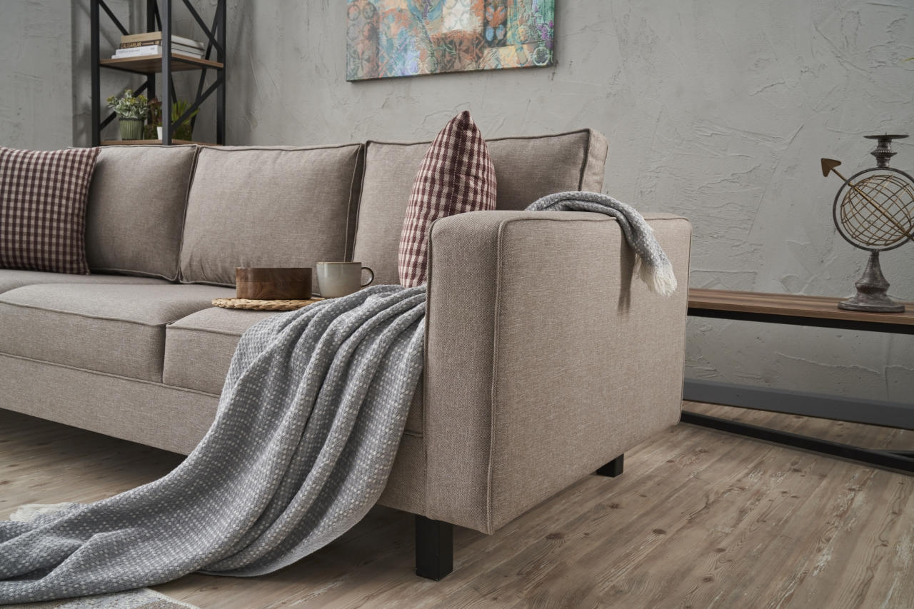 Sofá elegante de 3 lugares, cor creme, estrutura de madeira de faia, 222 x 91 x 83 cm | 100% poliéster/linho, espuma 28 DNS, perfeito para interiores modernos e escandinavos
