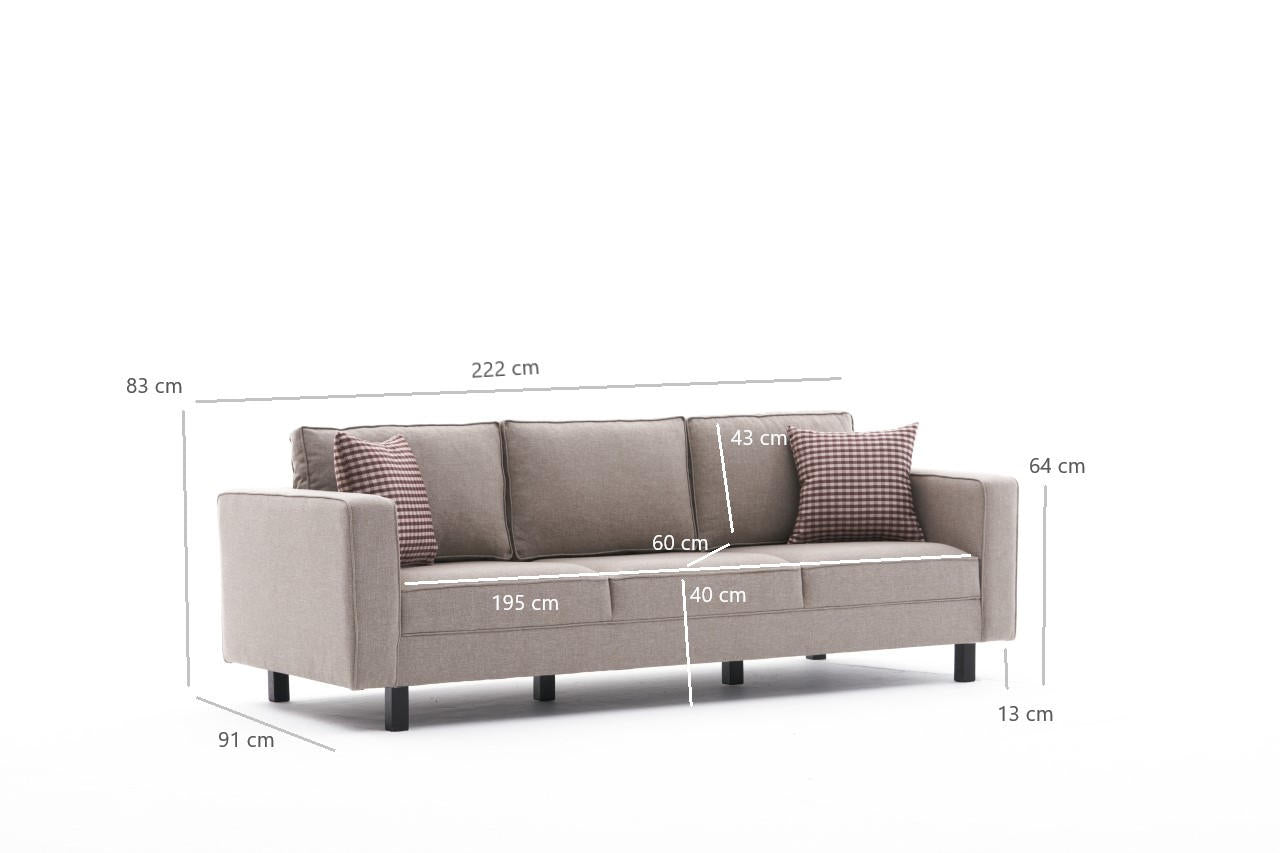 Sofá elegante de 3 lugares, cor creme, estrutura de madeira de faia, 222 x 91 x 83 cm | 100% poliéster/linho, espuma 28 DNS, perfeito para interiores modernos e escandinavos