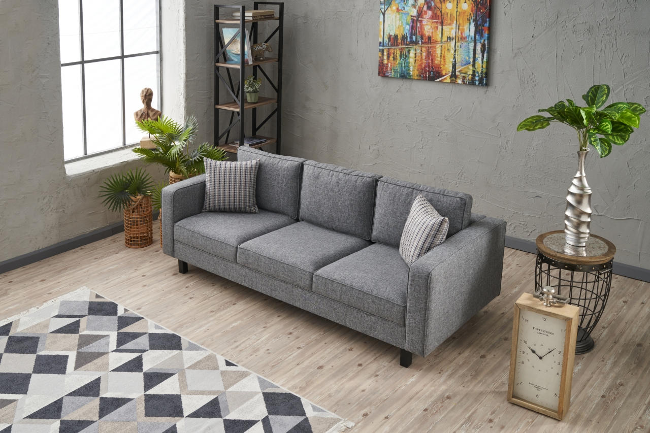 Sofá moderno de 3 lugares, estrutura de madeira de faia cinza, 222 x 83 x 91 cm | 100% poliéster/linho, espuma 28 DNS, elegante e confortável para casa e hotel