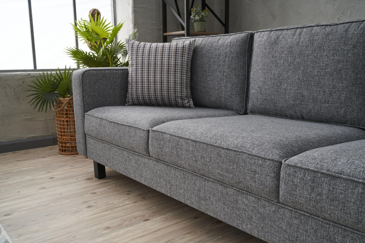Sofá moderno de 3 lugares, estrutura de madeira de faia cinza, 222 x 83 x 91 cm | 100% poliéster/linho, espuma 28 DNS, elegante e confortável para casa e hotel