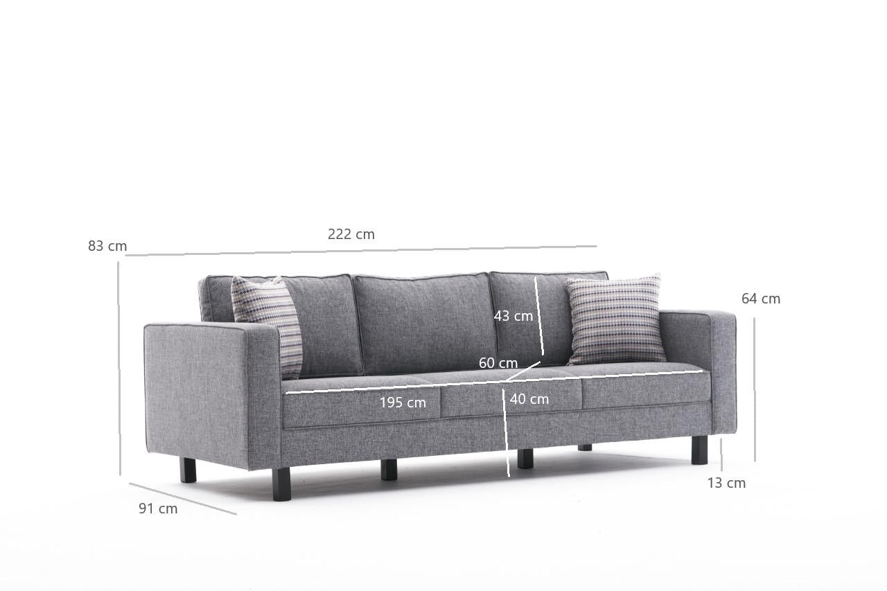 Sofá moderno de 3 lugares, estrutura de madeira de faia cinza, 222 x 83 x 91 cm | 100% poliéster/linho, espuma 28 DNS, elegante e confortável para casa e hotel