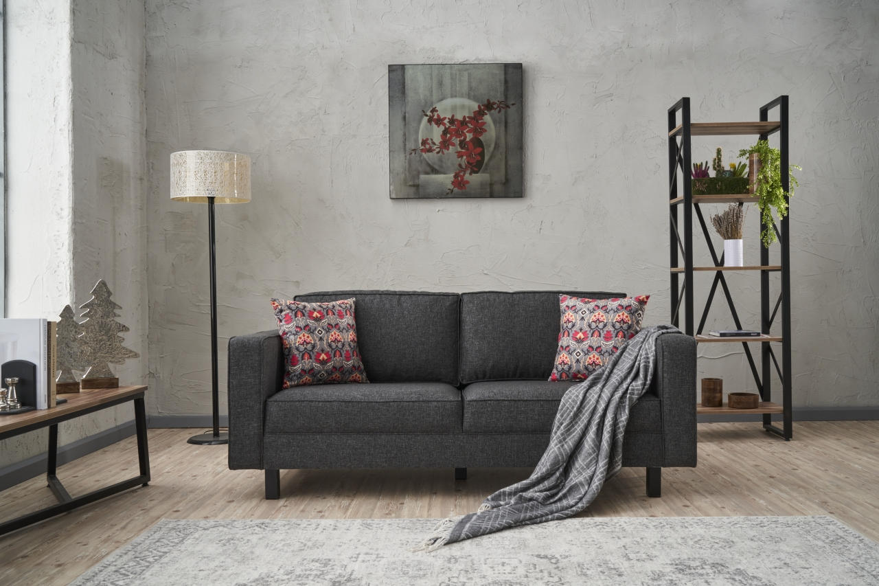 Sofá moderno de 2 lugares, antracite, 180 x 83 x 91 cm | Estrutura de madeira de faia, 100% poliéster/linho, espuma 28 DNS, elegante e confortável para casa e escritório