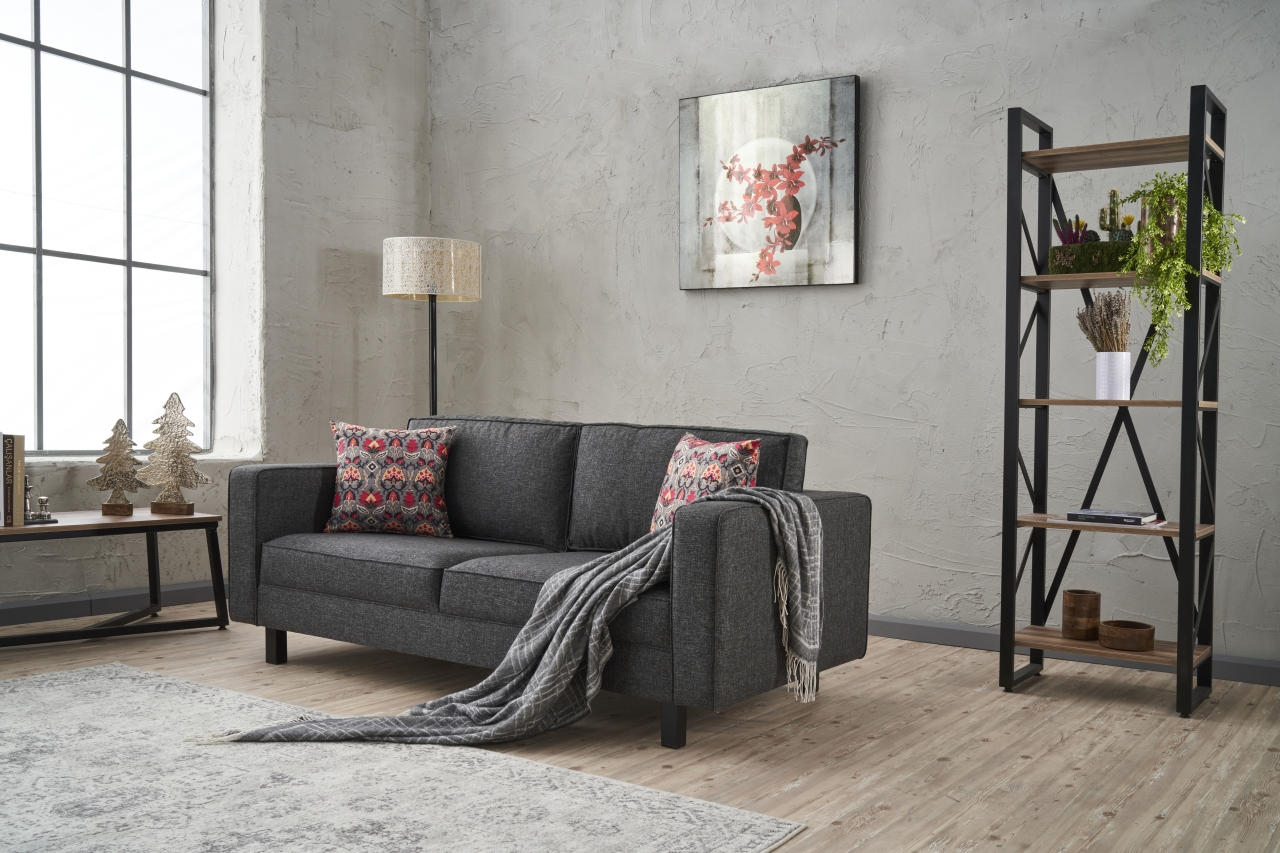 Sofá moderno de 2 lugares, antracite, 180 x 83 x 91 cm | Estrutura de madeira de faia, 100% poliéster/linho, espuma 28 DNS, elegante e confortável para casa e escritório