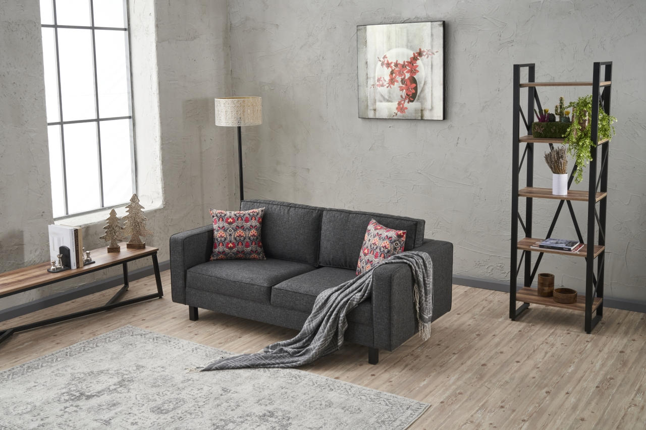 Sofá moderno de 2 lugares, antracite, 180 x 83 x 91 cm | Estrutura de madeira de faia, 100% poliéster/linho, espuma 28 DNS, elegante e confortável para casa e escritório