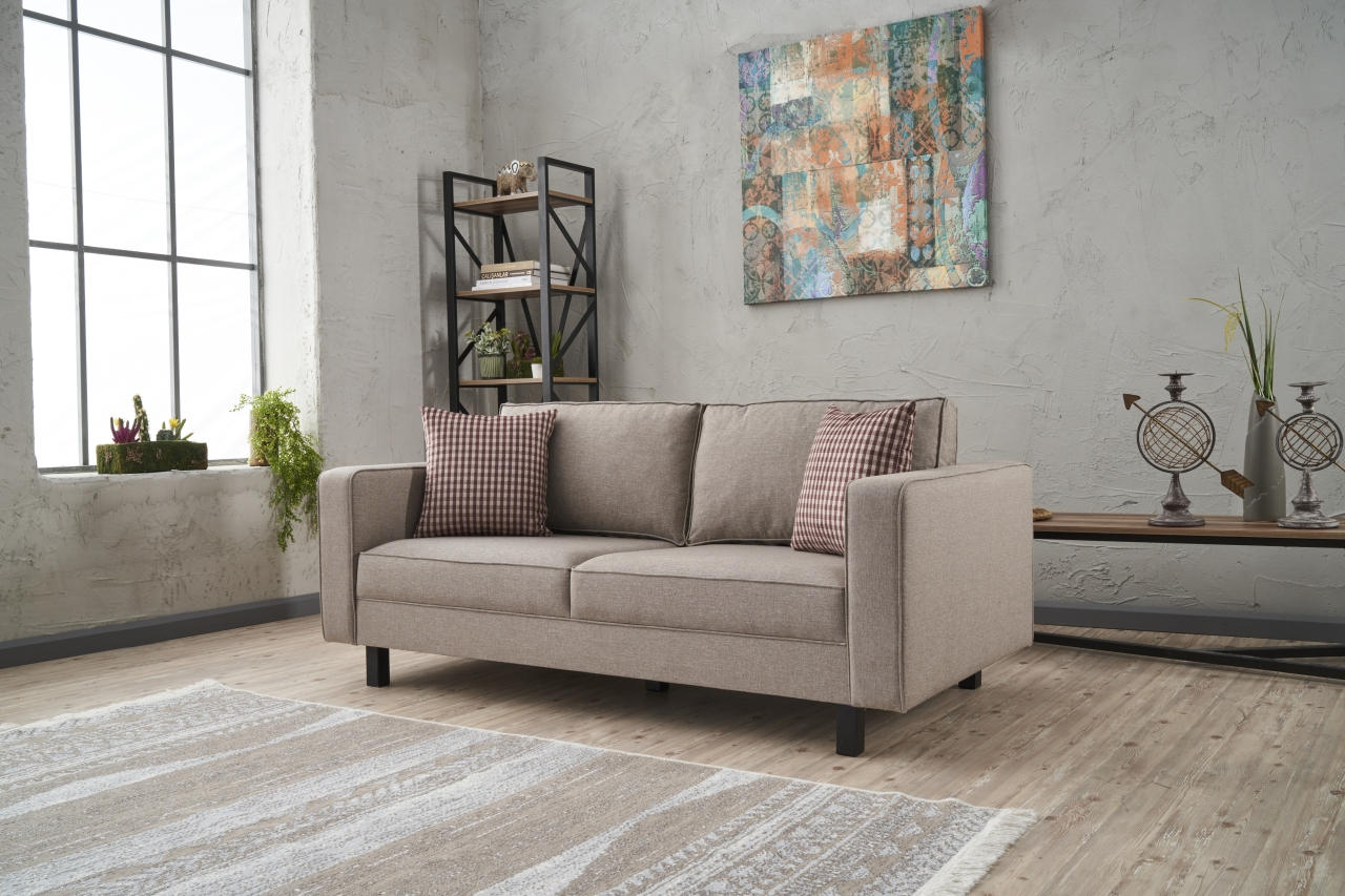 Sofá moderno de 2 lugares, cor creme, estrutura de madeira de faia, 180 x 83 x 91 cm | 100% poliéster/linho, almofadas confortáveis de espuma DNS e fibra | Elegante para casa e hotel
