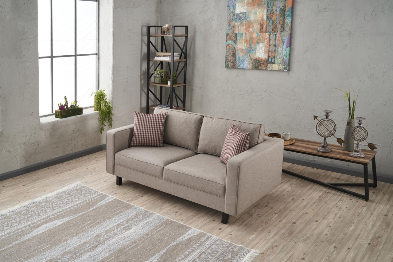Sofá moderno de 2 lugares, cor creme, estrutura de madeira de faia, 180 x 83 x 91 cm | 100% poliéster/linho, almofadas confortáveis de espuma DNS e fibra | Elegante para casa e hotel