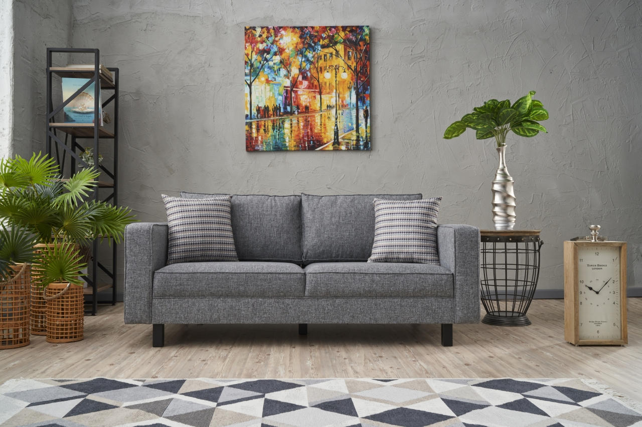Sofá moderno de 2 lugares, cinza, 180 cm | Estrutura de madeira de faia, 100% poliéster/linho, espuma 28 DNS, elegante e confortável para decoração de casa e hotel