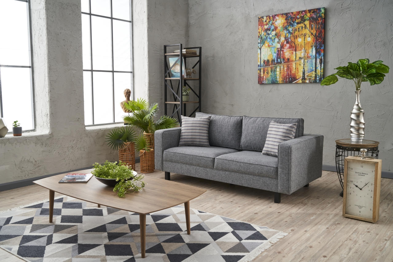 Sofá moderno de 2 lugares, cinza, 180 cm | Estrutura de madeira de faia, 100% poliéster/linho, espuma 28 DNS, elegante e confortável para decoração de casa e hotel