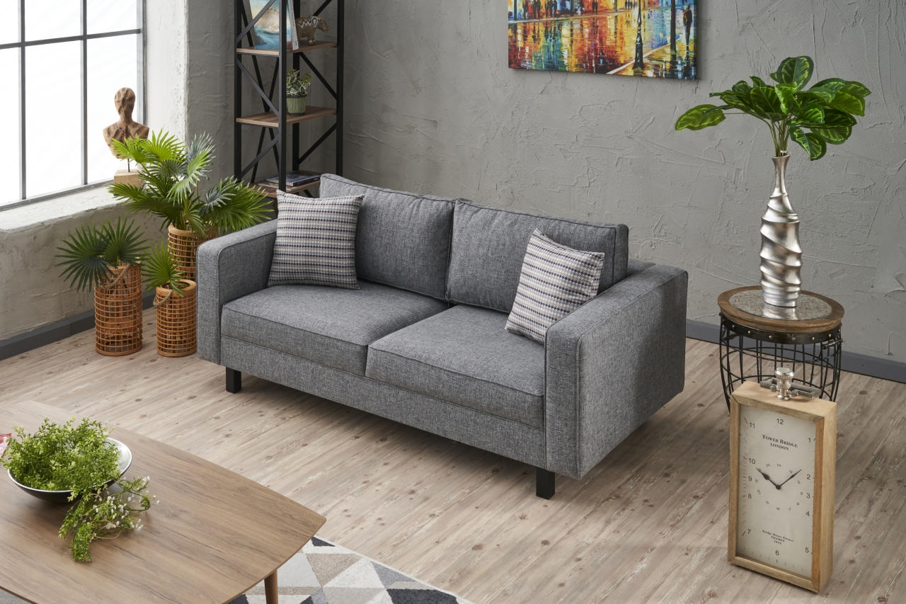Sofá moderno de 2 lugares, cinza, 180 cm | Estrutura de madeira de faia, 100% poliéster/linho, espuma 28 DNS, elegante e confortável para decoração de casa e hotel