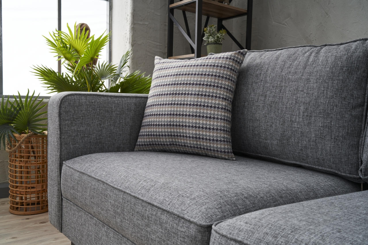 Sofá moderno de 2 lugares, cinza, 180 cm | Estrutura de madeira de faia, 100% poliéster/linho, espuma 28 DNS, elegante e confortável para decoração de casa e hotel