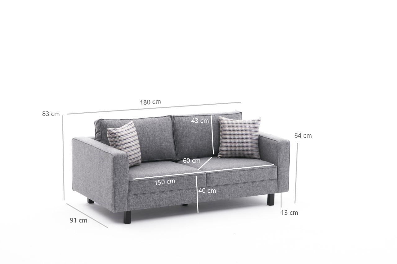 Sofá moderno de 2 lugares, cinza, 180 cm | Estrutura de madeira de faia, 100% poliéster/linho, espuma 28 DNS, elegante e confortável para decoração de casa e hotel