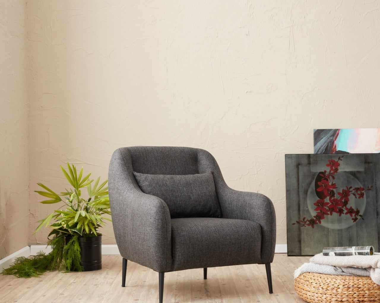 Sofá moderno de 1 lugar, antracite, 77 x 70 x 77 cm | Estrutura 100% madeira de faia, tecido antibacteriano, espuma 28 DNS | Elegante para decoração de casa e hotel