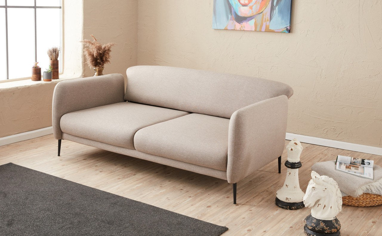 Sofá-cama moderno de 3 lugares, creme, 210 cm | Estrutura 100% madeira de faia, tecido antibacteriano, espuma 28 DNS | Perfeito para salas de estar e quartos de hóspedes elegantes
