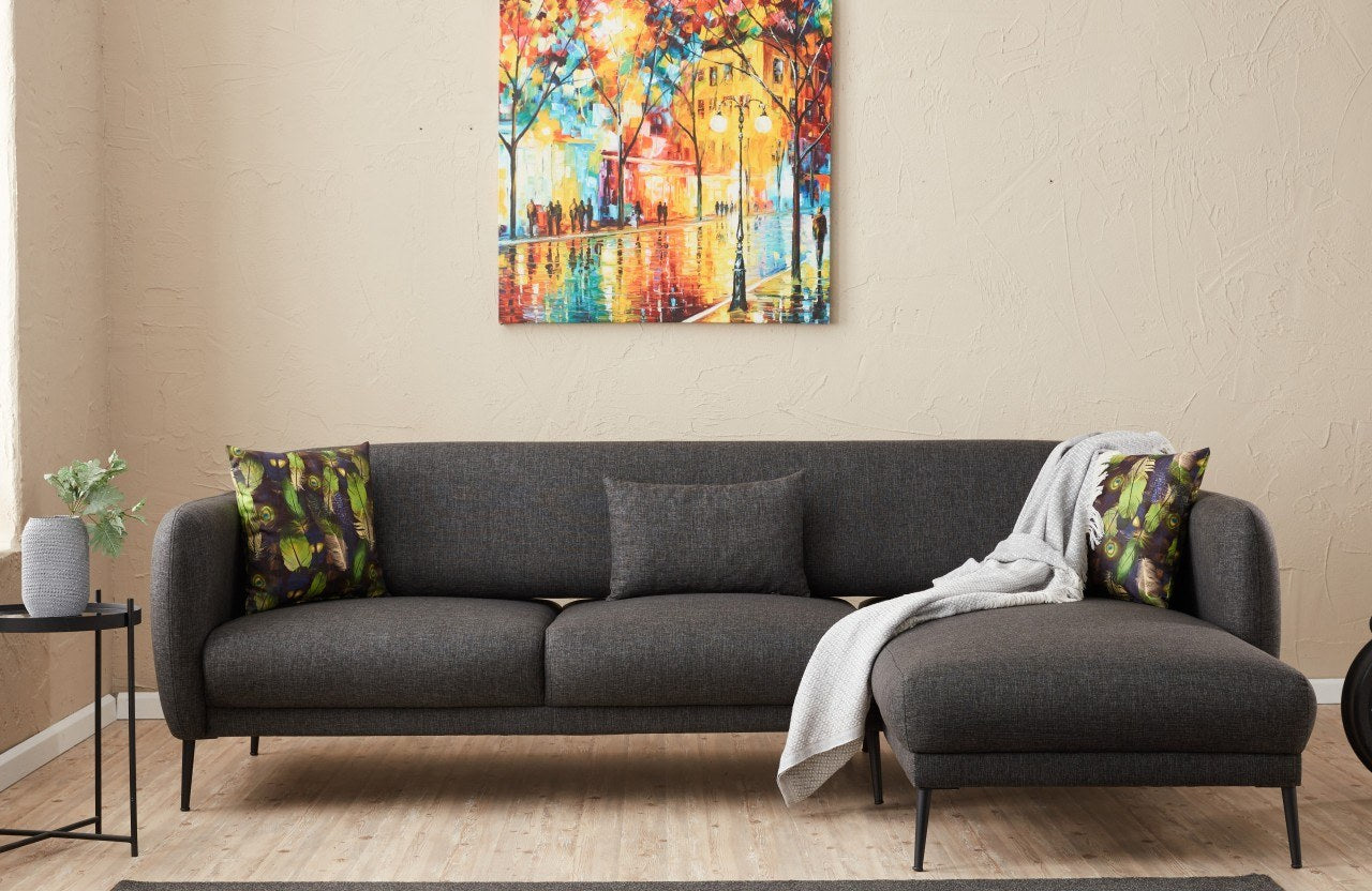 Sofá-cama de canto moderno, antracite, 265 x 80 x 163 cm | Estrutura 100% madeira de faia, tecido antibacteriano, espuma 28 DNS | Elegante e funcional para qualquer espaço
